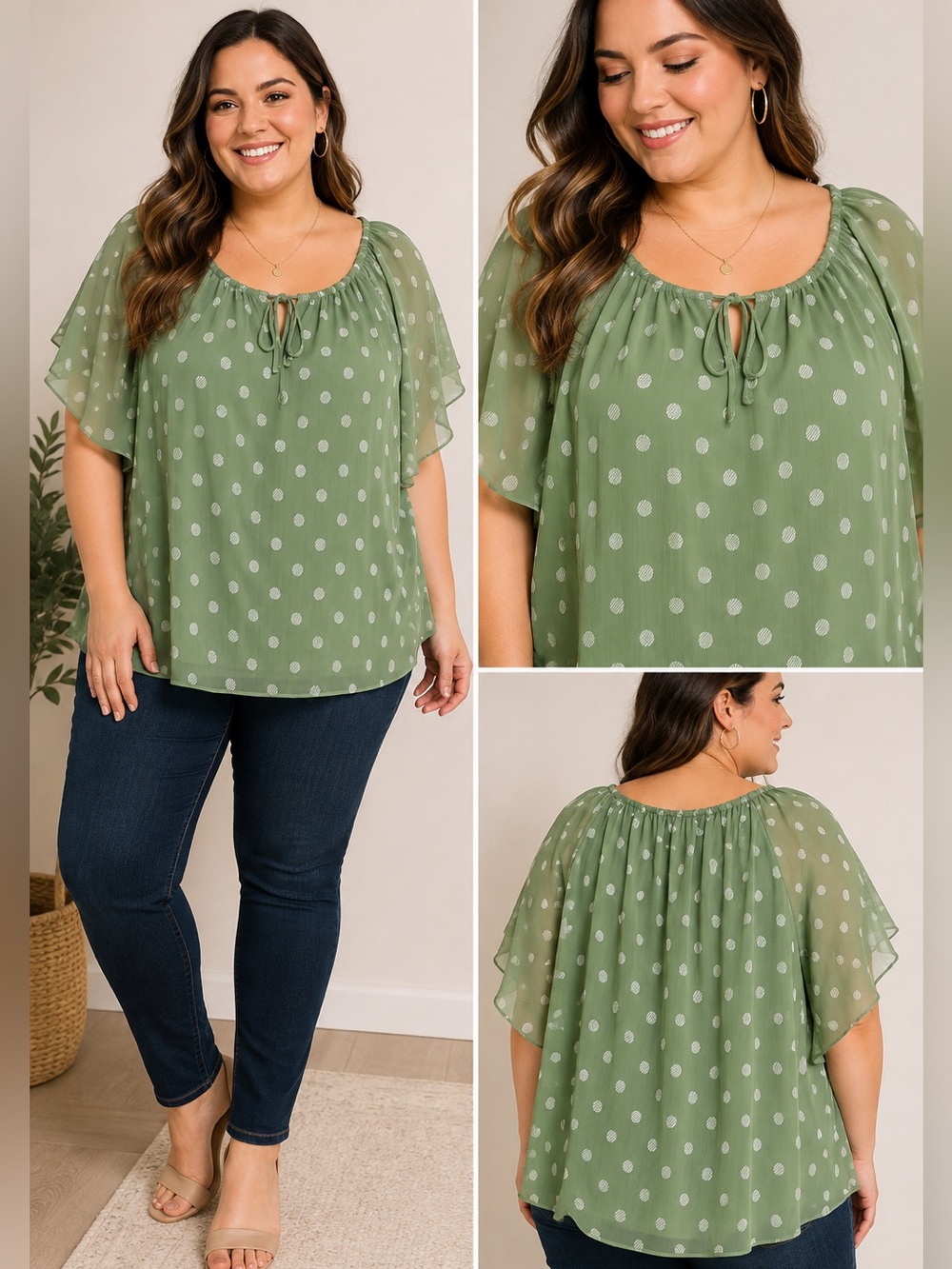 NWT Lauren Conrad4X Green Sheer Polka Dot Cottagecore Flutter Sleeve Blouse Boho